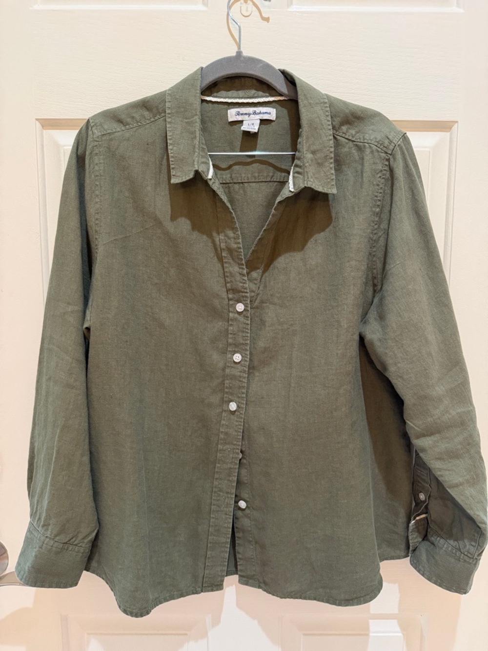 Tommy Bahama Olive Green Linen Long-Sleeve Button-Down Shirt, Size Large